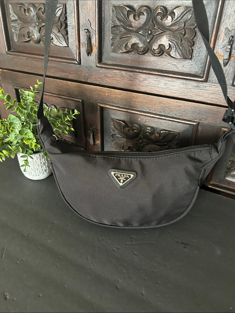 Beautiful Black Crescent Nylon Shoulder Bag with Silver Logo